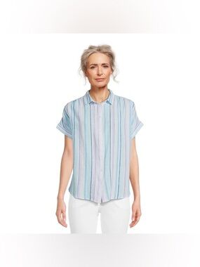 (A6) Time and Tru Women's Roll Cuff Button-Down Shirt Size S Blue Aqua Stripe